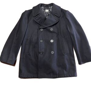 US Navy Mens Military Black Wool Double Breasted Pea Coat Overcoat EUC!